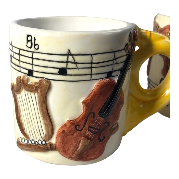 Vintage Coffee Mugs Hand Painted Set of 2 Orchestra Symphony Musical Instruments - Picture 4 of 8